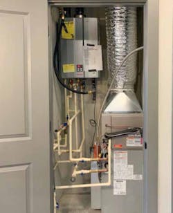 The hydronic air handling unit connected to the tankless water heater can all fit inside a very small footprint. The hydronic air handling unit connected to the tankless water heater can all fit inside a very small footprint.