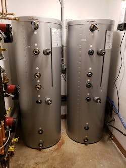 Stainless DHW solar and wood-boiler buffer tanks.