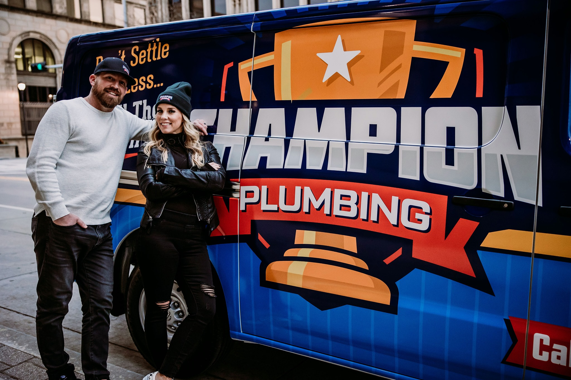 Champion Plumbing, Edmond, OK, combine high impact graphic design with compelling personal narrative to build their brand.