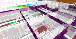 3D rendering for the overhead VRV piping system to be installed at Centennial High School. Purple bars are structural steel, and the walls are a see-through white, the better to visualize the surrounding pipe, conduit and duct runs. The various trades submit their three-dimensional drawings to create this virtual construction model, using Navisworks, which runs collision checks. Explains Olson BIM/CAD manager Chris Becker: “If the fire protection pipe is colliding with the plumbing or the ductwork, the problem can be identified and resolved. That way, we can confidently prefabricate our pipe runs at a very low risk. We know it’s all going to work.” 3D rendering for the overhead VRV piping system to be installed at Centennial High School. Purple bars are structural steel, and the walls are a see-through white, the better to visualize the surrounding pipe, conduit and duct runs. The various trades submit their three-dimensional drawings to create this virtual construction model, using Navisworks, which runs collision checks. Explains Olson BIM/CAD manager Chris Becker: “If the fire protection pipe is colliding with the plumbing or the ductwork, the problem can be identified and resolved. That way, we can confidently prefabricate our pipe runs at a very low risk. We know it’s all going to work.”