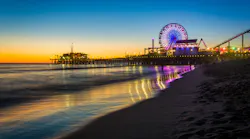 The Santa Monica Pier at sunset.