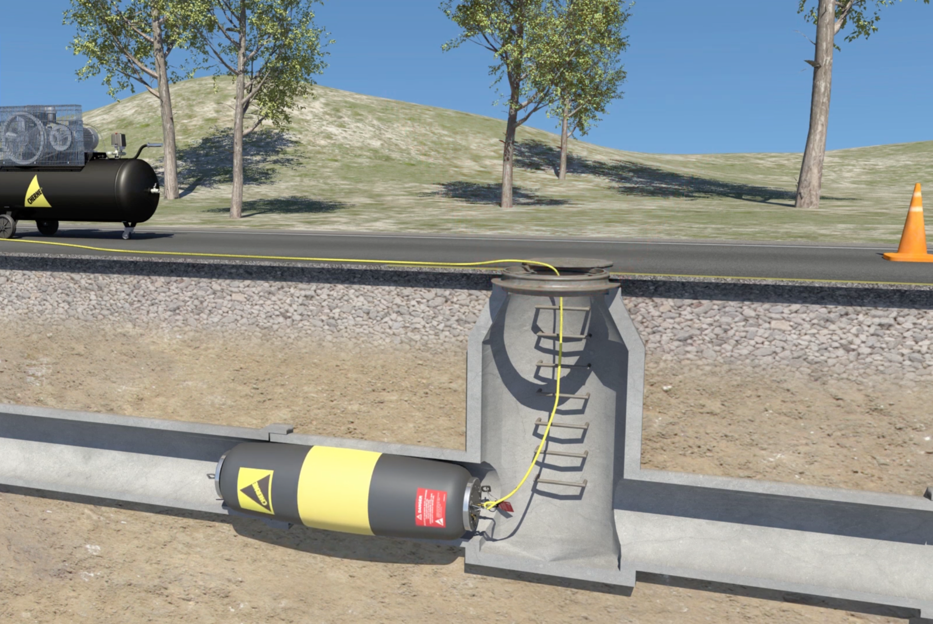 A large-size pneumatic blocking plug being used in wastewater system maintenance.