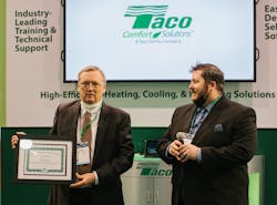 John Hazen White III presents the Dan Holohan Award to Bob Barbour at AHR Expo 2022 in Las Vegas. John Hazen White III presents the Dan Holohan Award to Bob Barbour at AHR Expo 2022 in Las Vegas.