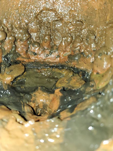 Photo #4 -- a close up of the muck in the float chamber. Note the constricted opening in the bottom that connects to the blow down valve.