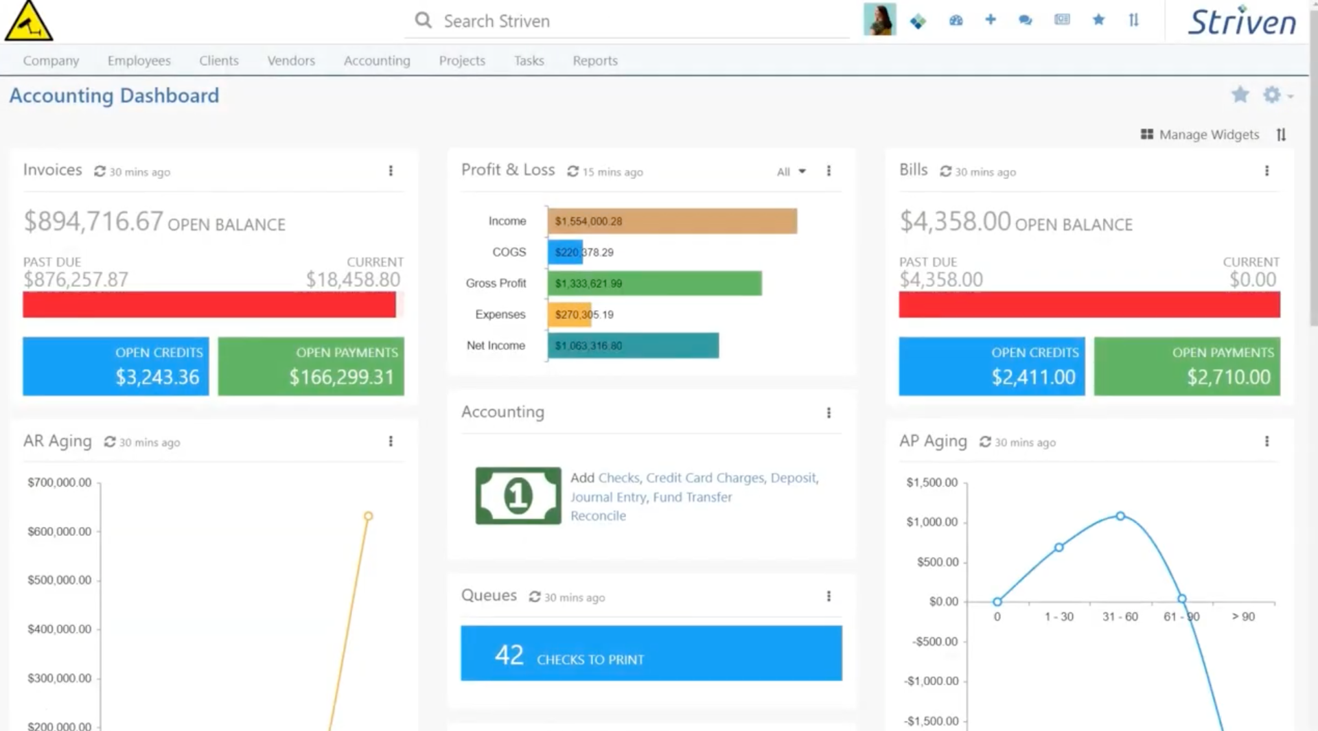 The Striven for Field Service accounting dashboard.