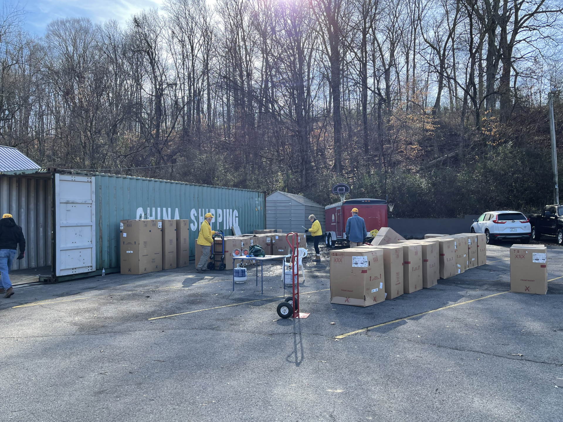 Boxed water heaters ready for distribution in Waverly, TN.