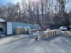 Boxed water heaters ready for distribution in Waverly, TN. Boxed water heaters ready for distribution in Waverly, TN.