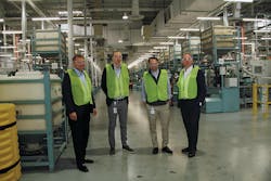 Jon Sillerud, vice president, Operations, Uponor North America, Olli Haavisto, director, Program Office, Uponor Group, John Reutter, interim president and vice president, Finance, Uponor North America, and Michael Rauterkus, president and CEO, Uponor Group, tour the Uponor North America Hutchinson production facility. Jon Sillerud, vice president, Operations, Uponor North America, Olli Haavisto, director, Program Office, Uponor Group, John Reutter, interim president and vice president, Finance, Uponor North America, and Michael Rauterkus, president and CEO, Uponor Group, tour the Uponor North America Hutchinson production facility.
