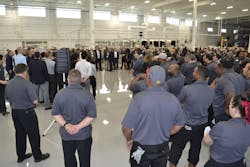 Griffin employees gather to sign the first unit off the assembly line. A total of 150 manufacturing employees were hired in March, and another 270 will eventually be brought on board. Griffin employees gather to sign the first unit off the assembly line. A total of 150 manufacturing employees were hired in March, and another 270 will eventually be brought on board.