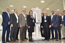 Rinnai executives gathered around the first tankless unit produced at the company's new Griffin, GA facility. Rinnai executives gathered around the first tankless unit produced at the company's new Griffin, GA facility.