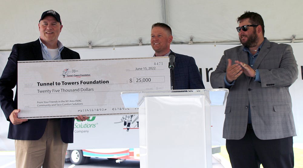 From left to right, Tunnel to Towers Foundation representative Andrew McClure receives a check for $25,000 from Taco Comfort Solutions&rsquo; Benjamin White, Manager, Supply Chain, and John White, III, Sr. Vice President, OEM Sales.