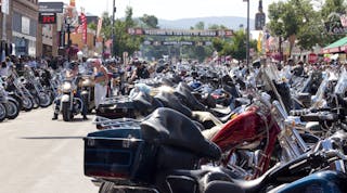 A typical scene in downtown Sturgis, SD, during the first week of August.