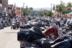 A typical scene in downtown Sturgis, SD, during the first week of August. A typical scene in downtown Sturgis, SD, during the first week of August.
