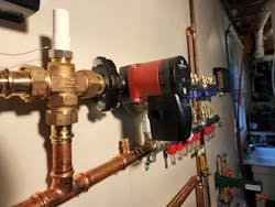 Viega mixing station with a Grundfos Alpha 2 circulator. Viega mixing station with a Grundfos Alpha 2 circulator.