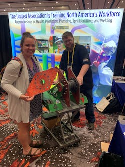 Jeff Waters, UA Local 525, at last year&rsquo;s American School Counselor Association&rsquo;s conference in Las Vegas. He&apos;s a plumber who competes in the Battle Bots competition. &lsquo;Kids who do robotics are thinkers and problem-solvers; they are who we want in our program,&rsquo; says Laura Ceja, UA&rsquo;s special representative for training and outreach.
