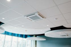 The open office space at PCTI has a sky theme with drop ceiling tiles arranged to look like clouds. The open office space at PCTI has a sky theme with drop ceiling tiles arranged to look like clouds.