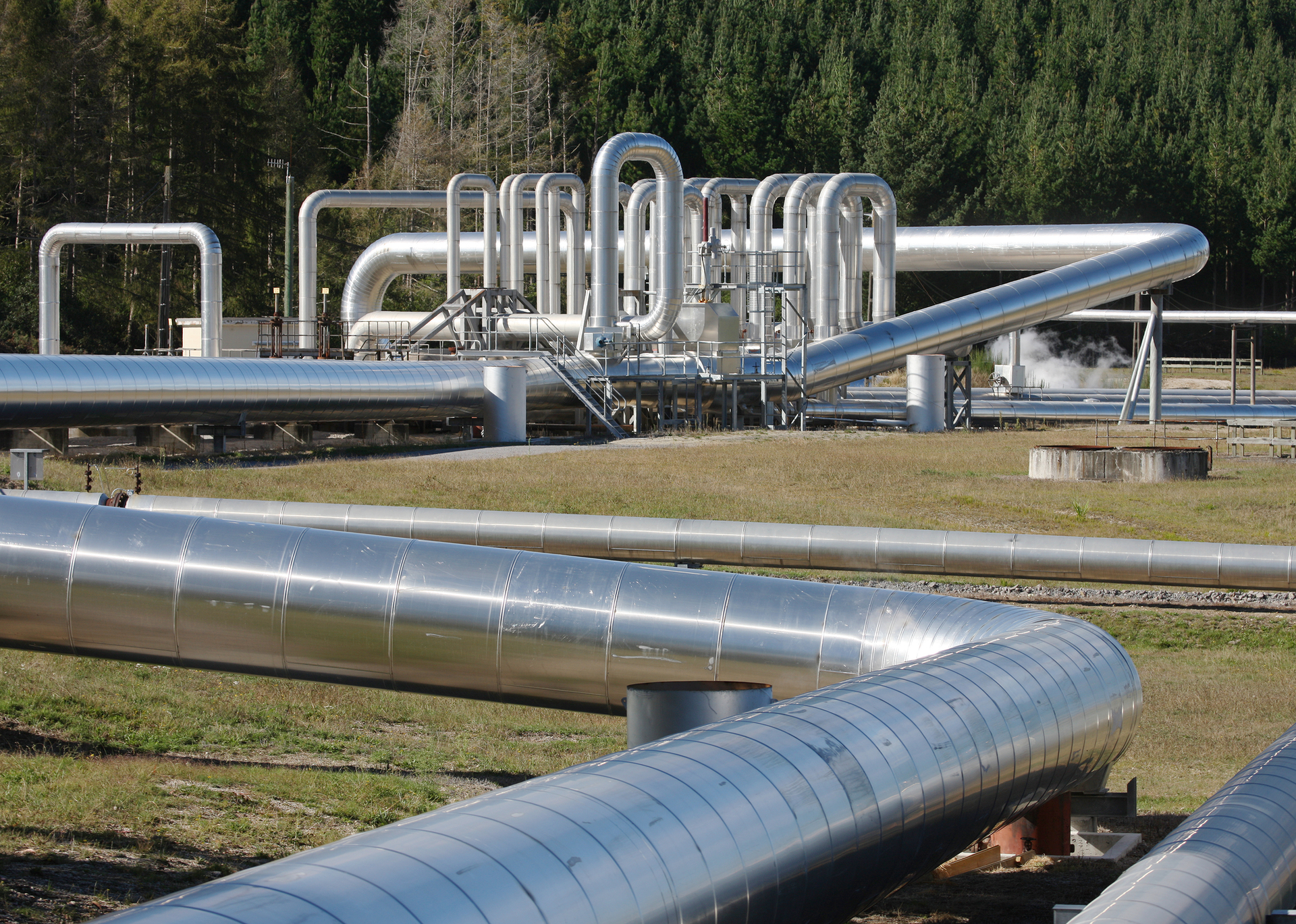 Insulated steam pipework at a geothermal power station.