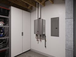 A basement-installed tankless water heater. A basement-installed tankless water heater.