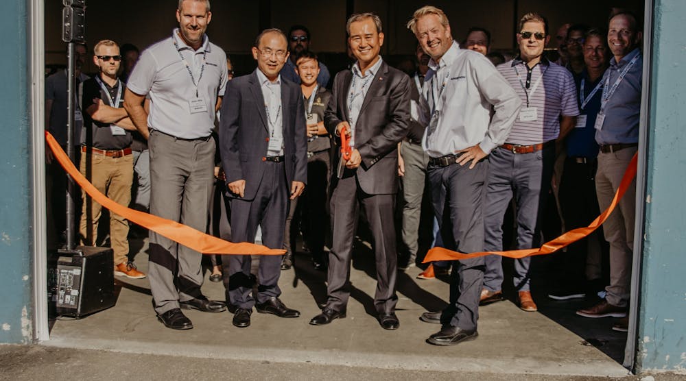 Left to Right - Adam Wills - Ryan Shin - Scott Lee and Eric Moffroid Officially Open the New Navien Canada Distribution Centre with a Ceremonial Ribbon Cutting.