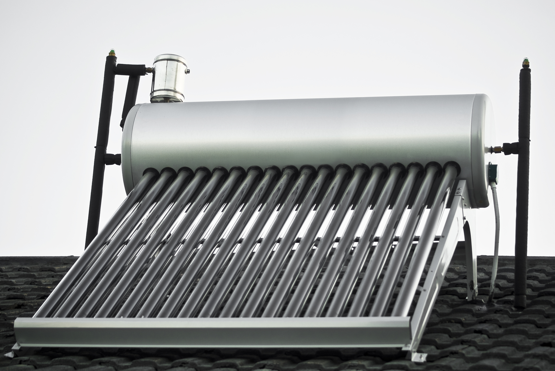 An evacuated glass tube solar water heater.