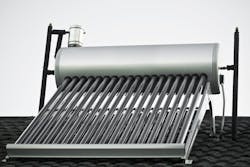 An evacuated glass tube solar water heater. An evacuated glass tube solar water heater.