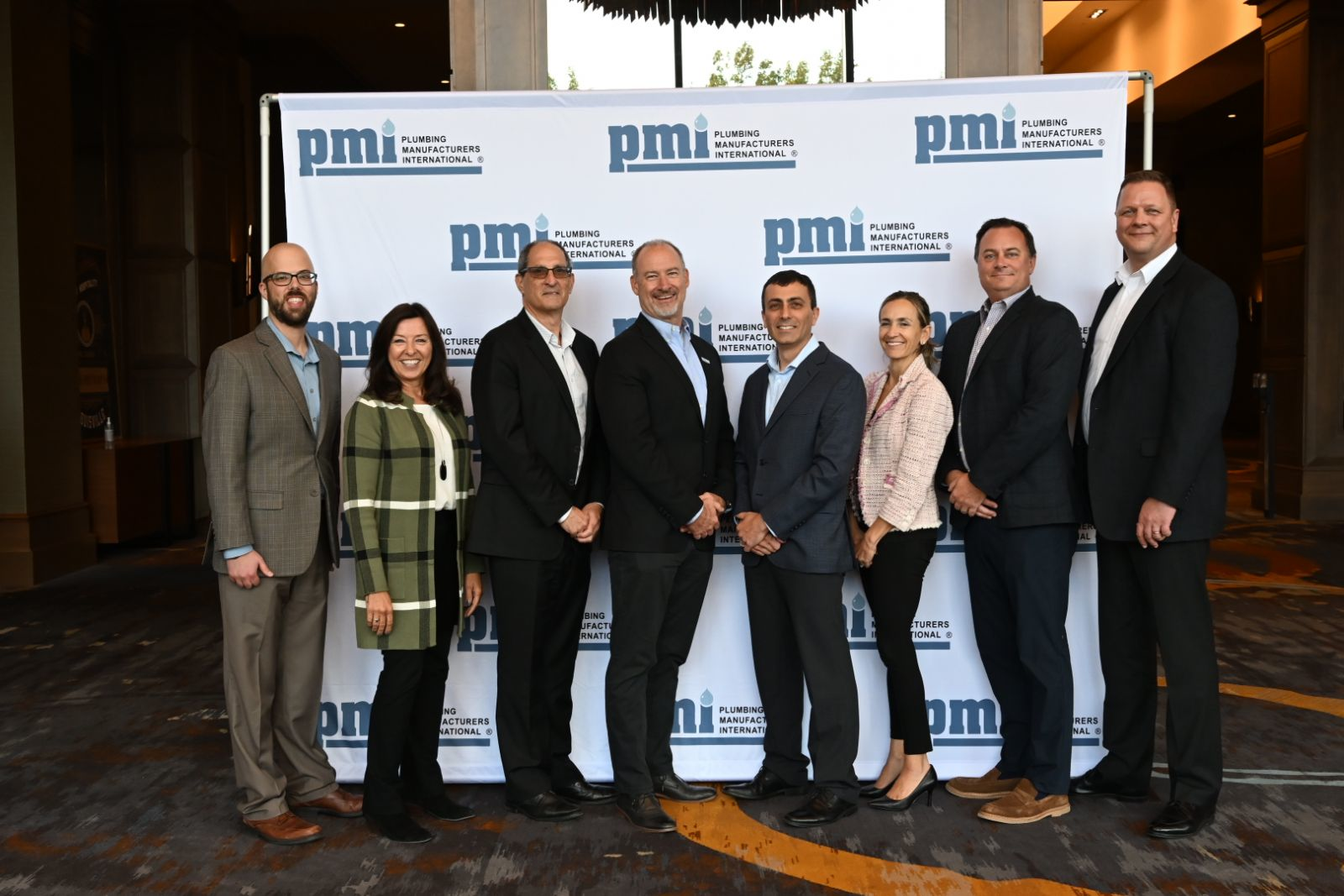 The 2023 PMI Board of Directors (left to right): Bob Neff, Delta Faucet Co.; Belinda Wise, Kerox, Ltd.; Daniel Gleiberman, Sloan Valve Co.; 2023 board vice president Chip Way, Lavelle Industries; 2023 board president Sal Gattone, LIXIL; 2023 board secretary/treasurer Cambria McLeod, Kohler Co.; Kevin Campbell, Moen, Inc.; and 2022 board president Martin Knieps.