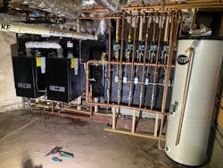 The mechanical room a the Massachusetts home with HTP boilers and storage tank, and Taco circulators. The mechanical room a the Massachusetts home with HTP boilers and storage tank, and Taco circulators.