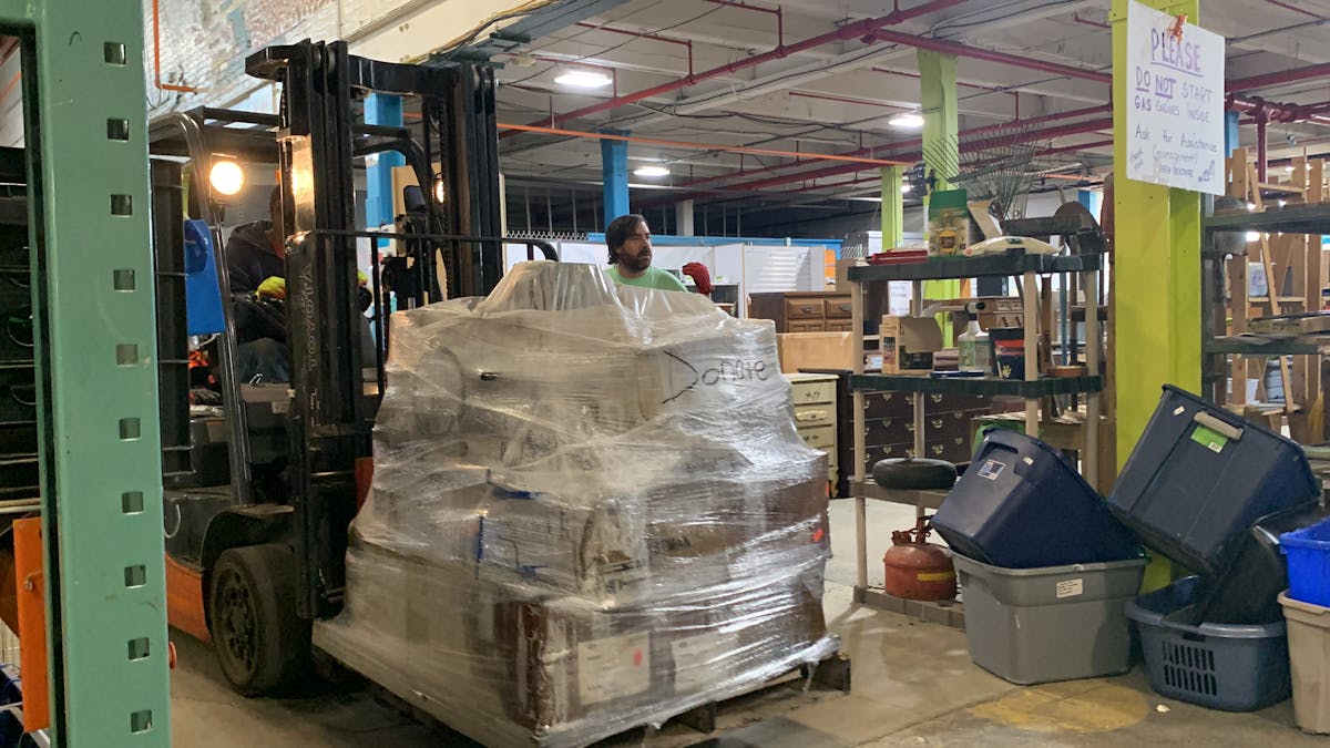 Pallets of plumbing supplies arriving at the Sonnhalter warehouse.