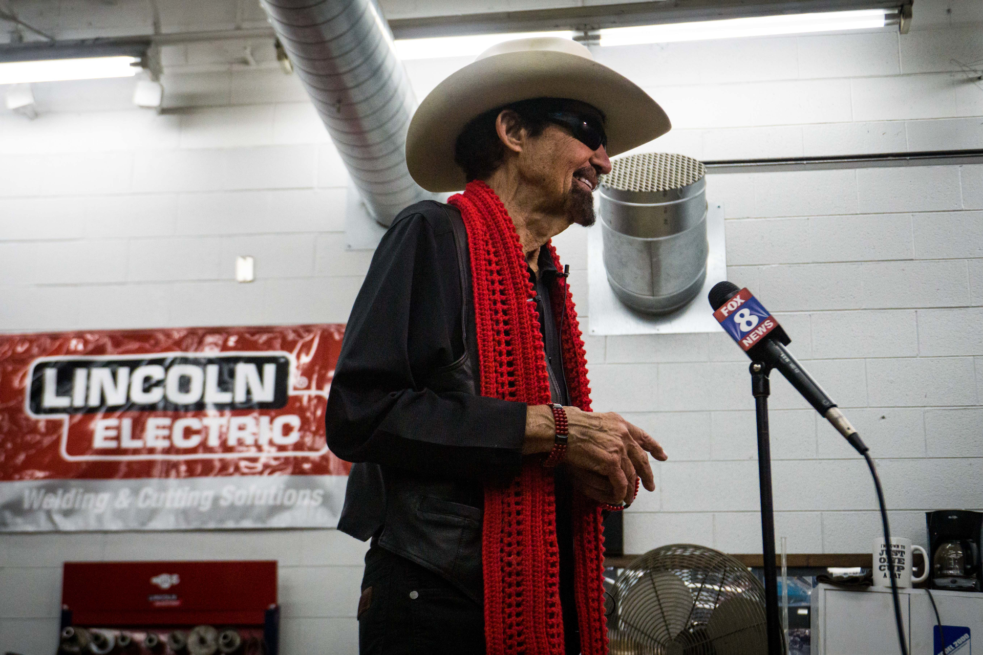 Racing legend Richard Petty speaks to students from Randleman High School.