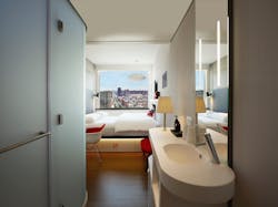 A modular bathroom with a view at the citizenM Bowery Hotel.