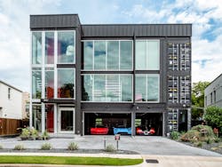 The 5,500-sq.-ft., three-story home was constructed using six 45-foot shipping containers welded to a steel-centered superstructure.