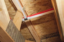 Finished PEX connections. Uponor’s new kitting program provides plastic bags loaded with precise, hand-counted numbers of elbows, tees, rings and other PEX piping components to make connections like the ones shown here in a given job-site area. Finished PEX connections. Uponor’s new kitting program provides plastic bags loaded with precise, hand-counted numbers of elbows, tees, rings and other PEX piping components to make connections like the ones shown here in a given job-site area.