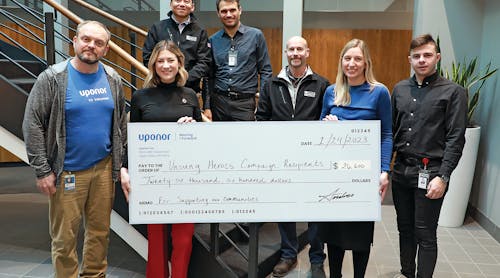Recipients of the Uponor North America Unsung Heroes donations gathered in Apple Valley, Minn., to be honored with their donations. From L-R: Alex Khrystych, Sarah Qualy, David Nguyen, Yakov Gradinar, Nate Martineau, Aubrey Mozer, andYury Aroshidze.