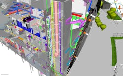 A BIM view of the rack riser installation at Allegiant Stadium. A BIM view of the rack riser installation at Allegiant Stadium.