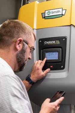 The new iCOMM Connectivity Platform is available via the A. O. Smith app on iOS- and Android-ready mobile devices. All Cyclone XL models now come standard with onboard Wi-Fi, which makes remotely connecting and interacting easy and free. The new iCOMM Connectivity Platform is available via the A. O. Smith app on iOS- and Android-ready mobile devices. All Cyclone XL models now come standard with onboard Wi-Fi, which makes remotely connecting and interacting easy and free.