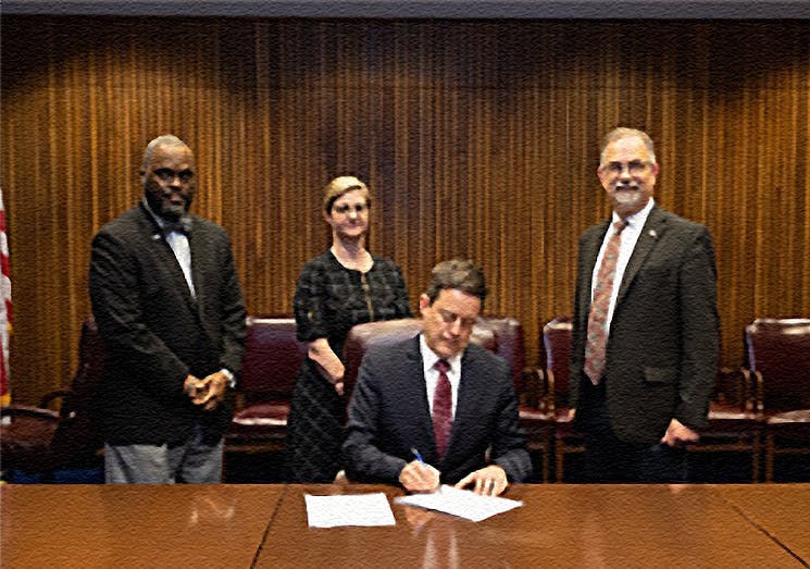 Assistant Secretary of Occupational Safety and Health Doug Parker signs a National emphasis Program on Falls effective may 1, 2023. Parker was joined by OSHA Specialist Reginald Jackson, Office of Construction Services Director Erin Gilmore and Directorate of Construction Director Scott Ketcham.