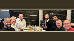 Pictured clockwise, from L to R: Steve Santamaria – Cardinal Sales (holding award), Akhil Kumar – Cardinal Sales, Rick Cota – Leonard Valve, Danny Bentrovato – Cardinal Sales, Timmone Dongen – Cardinal Sales, David Brakenwagen – Leonard Valve, Dave Brooks – Cardinal Sales. Pictured clockwise, from L to R: Steve Santamaria – Cardinal Sales (holding award), Akhil Kumar – Cardinal Sales, Rick Cota – Leonard Valve, Danny Bentrovato – Cardinal Sales, Timmone Dongen – Cardinal Sales, David Brakenwagen – Leonard Valve, Dave Brooks – Cardinal Sales.