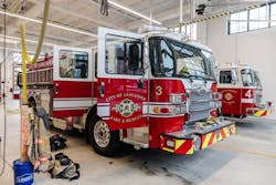 In the enclosed, radiantly-heated equipment bays, the spit-shined red and gold trucks are kept in mint condition. If garage doors are opened for a quick exit during the winter months, the radiant heat assures fast set-temp recovery. In the enclosed, radiantly-heated equipment bays, the spit-shined red and gold trucks are kept in mint condition. If garage doors are opened for a quick exit during the winter months, the radiant heat assures fast set-temp recovery.