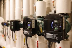 Five Taco 00e circs of varying size govern the zones and a larger Taco 1915e serves the primary loop. Five Taco 00e circs of varying size govern the zones and a larger Taco 1915e serves the primary loop.