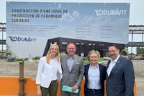Duravit board members Stephan Patrick Tahy (center left) and Thomas Stammel (right), together with Canadian ministers Pascale St-Onge (left) and Fran&ccedil;ois-Philippe Champagne (center right), laid the foundation stone on July, 13.