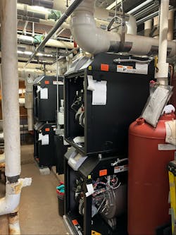 A view of the new mechanical room showing two of the four new Elite XL boilers. A view of the new mechanical room showing two of the four new Elite XL boilers.