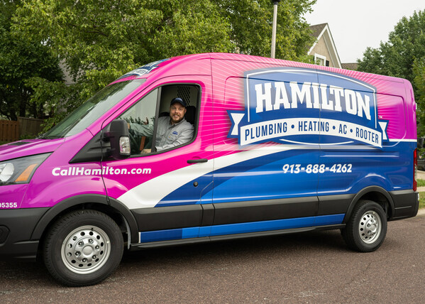 A Hamilton Plumbing, Heating, AC & Rooter service van with the company's new branding.