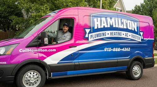 A Hamilton Plumbing, Heating, AC &amp; Rooter service van with the company&apos;s new branding.