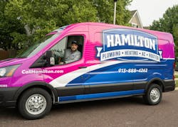 A Hamilton Plumbing, Heating, AC & Rooter service van with the company's new branding. A Hamilton Plumbing, Heating, AC & Rooter service van with the company's new branding.