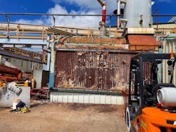 A view of the boiler after removing the side walls and most of the insulation. A view of the boiler after removing the side walls and most of the insulation.