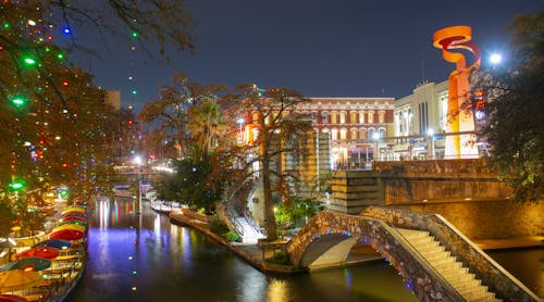 The San Antonio, TX Riverwalk at night.