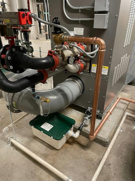 The new boilers serve the condenser water loop for in-unit heat pumps to the 369 luxury apartment units at Boston’s Pier 4.