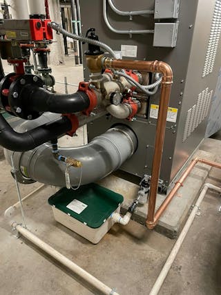 The new boilers serve the condenser water loop for in-unit heat pumps to the 369 luxury apartment units at Boston&rsquo;s Pier 4.