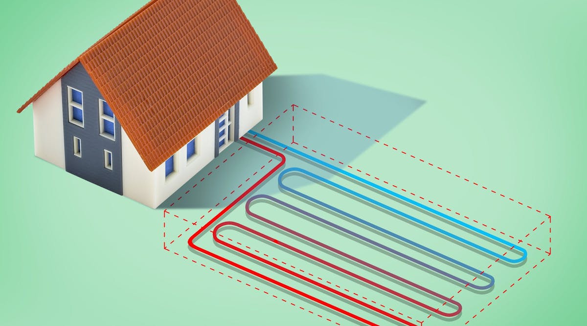 Geothermal heating and cooling system linear with ground horizontal collector.