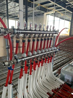 The system at Edward Little High School features 101 PRO-BALANCE® manifolds, which were joined to RAUPEX® O2 barrier pipe with 445 EVERLOC+® R-20 connectors. The system at Edward Little High School features 101 PRO-BALANCE® manifolds, which were joined to RAUPEX® O2 barrier pipe with 445 EVERLOC+® R-20 connectors.